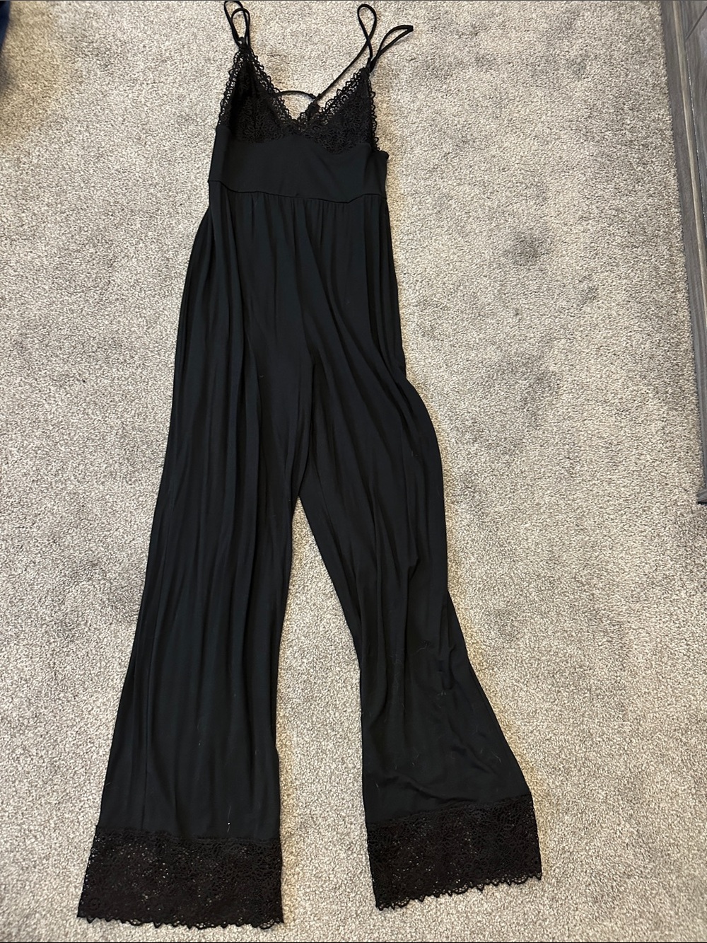 Victoria's Secret Black Lace-Trim Wide-Leg Jumpsuit